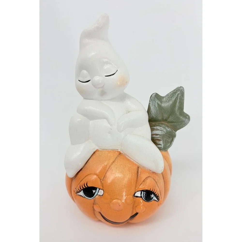 Vintage Ceramic Halloween Ghost with Jack-o-Lantern Pumpkin Figurine